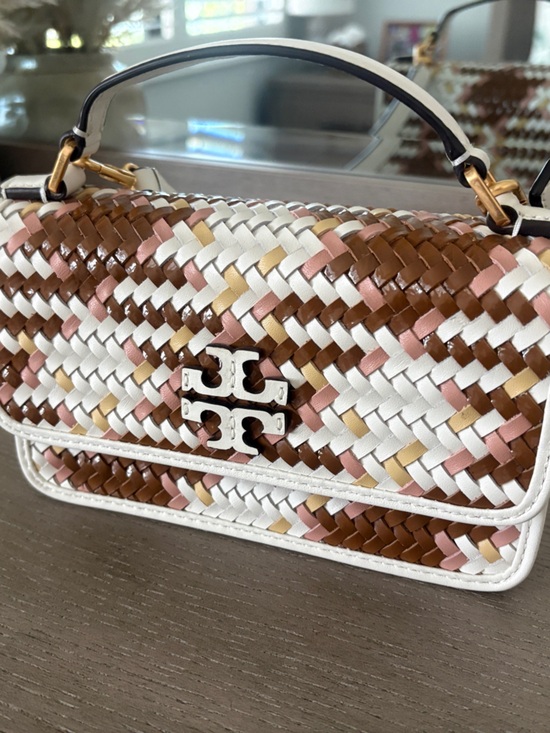 Tory Burch Handbags - Tory Burch Woven White, Brown & Pink Mini Top-Handle Bag